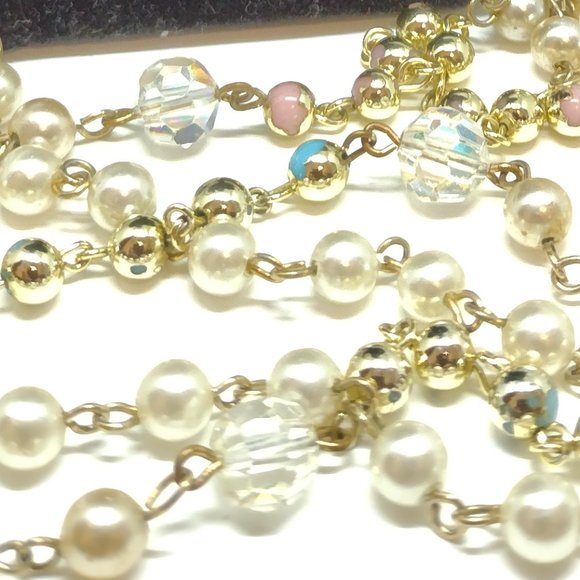 Pearls,  AB Beads, Gold Beads With Pink and Blue, Goldtone Connection Chain - Picture 5 of 6